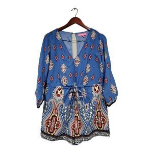 Xteran Women's 3/4 Roll Sleeve Blue Paisley Romper V-Neck Keyhole Back Sz L